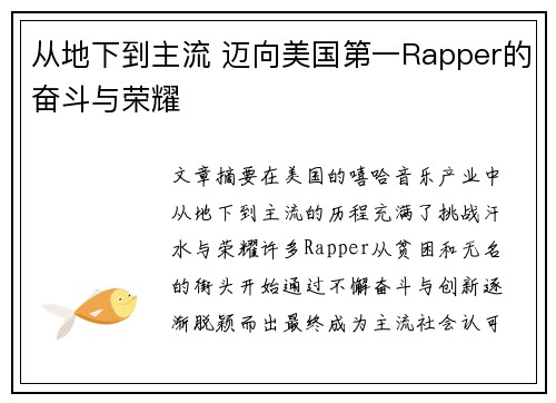 从地下到主流 迈向美国第一Rapper的奋斗与荣耀